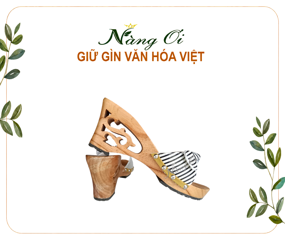 guốc mộc nữ cao 7cm làm từ gỗ xoan với thiết kế quai sọc trắng đen đính nơ duyên dáng